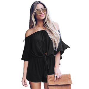 Black Bell Sleeve Off-Shoulder Front Tie Knot Romper
